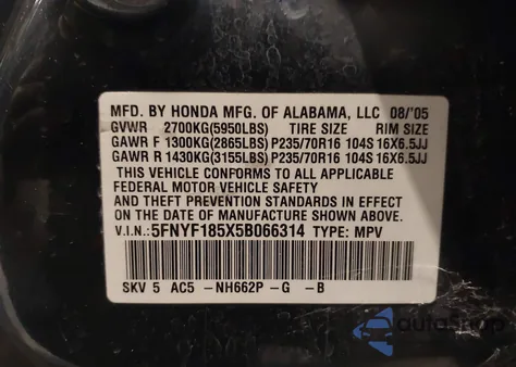 2005 Honda Pilot Ex-L из США, поврежденный, VIN 5FNYF185X5B066314